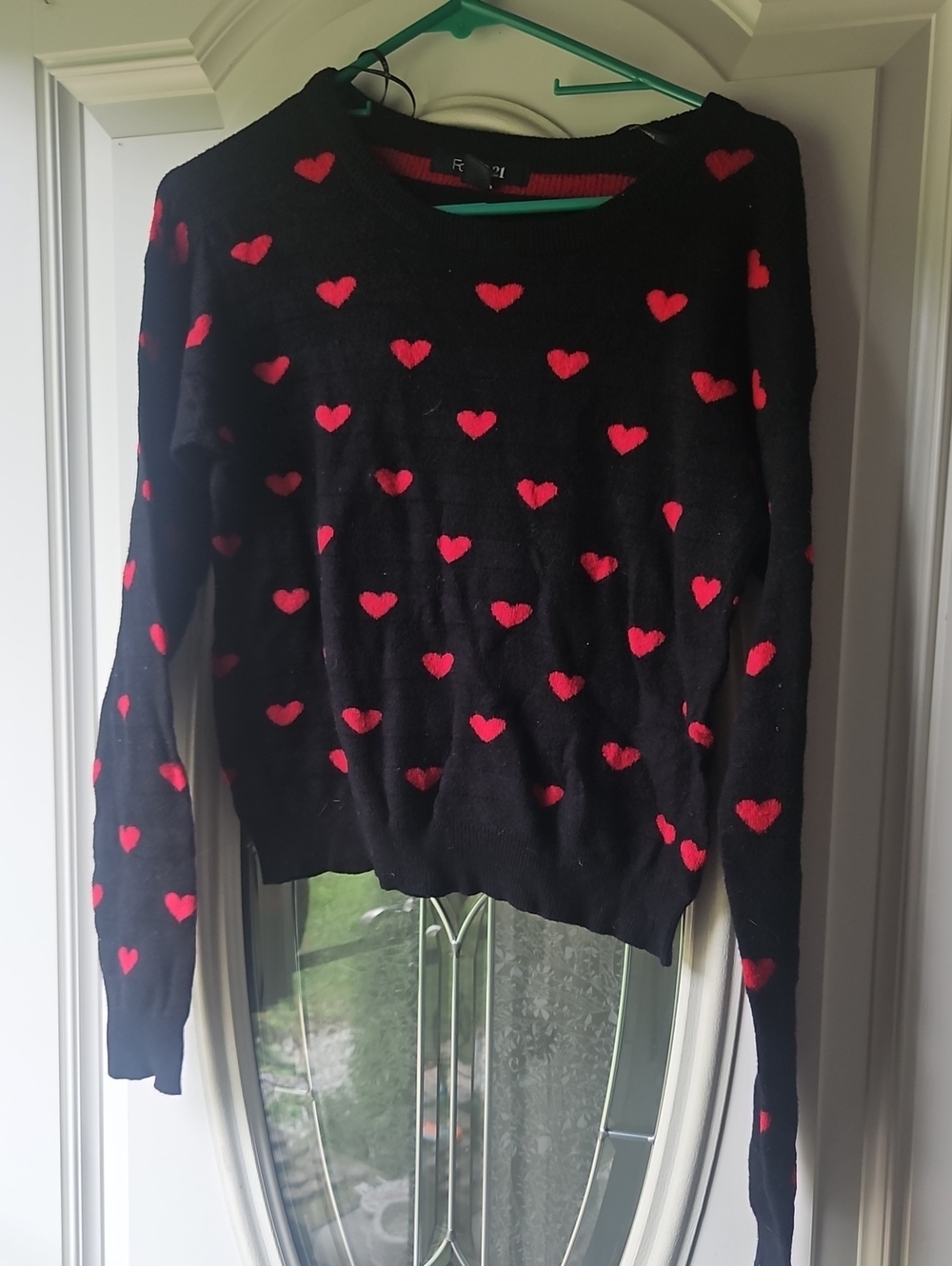 Black Crewneck Sweater with Red Heart Print - Womens